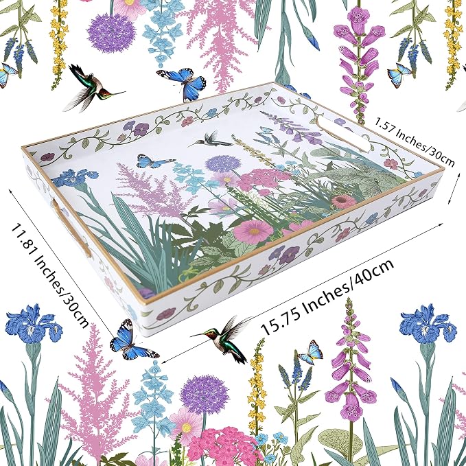 Serving Tray with Handles, Rectangular Plastic Tray 15.75x11.81 Inch, Wildflower, Butterflies & Hummingbirds Style Decorative Tray for Kitchen, Dining Table, Vanity, Office & Home