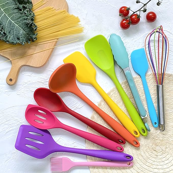 KAY RUK Kitchen Silicone Utensil Set,10Pcs Cooking Utensils Set,Food Grade Safety Silicone Utensils,480℉Heat Resistant Kitchen Tools,Seamless Easy to Clean, Non Stick Utensils(Multicolor)
