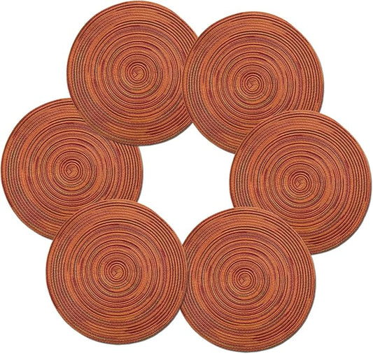 Youyi Table Placemats Set of 6, Round Place Mats 15 Inch Washable Heat Resistant Durable Woven Braided Placemats Farmhouse Boho Table Mats for Dining, Dark Orange