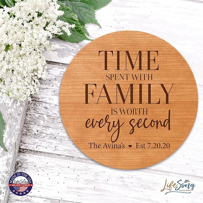 LifeSong Milestones Personalized Cherry Wood Lazy Susan Kitchen Turntable Everyday Design Ideas 12” Engraved Decorative Serving Centerpiece Family (Time Spent)