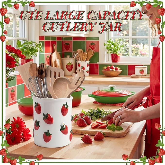 LemonRoad Strawberry Utensil Holder for Kitchen Counter,Ceramic Cooking Utensil Crock Modern Farmhouse Countertop Organizer for Spatula Ladle Kitchen Counter Decor