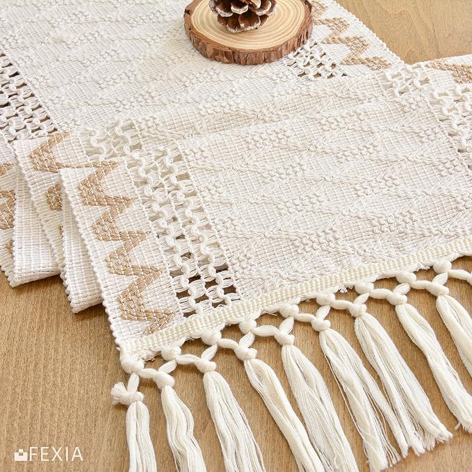 FEXIA Boho Table Runner for Home Decor with Tassels 72 Inch Farmhouse Burlap Macrame Woven Table Runner Rustic Lace Decoration for Living Room Dining Table Entryway, Cream & Brown (13x72 Inch)