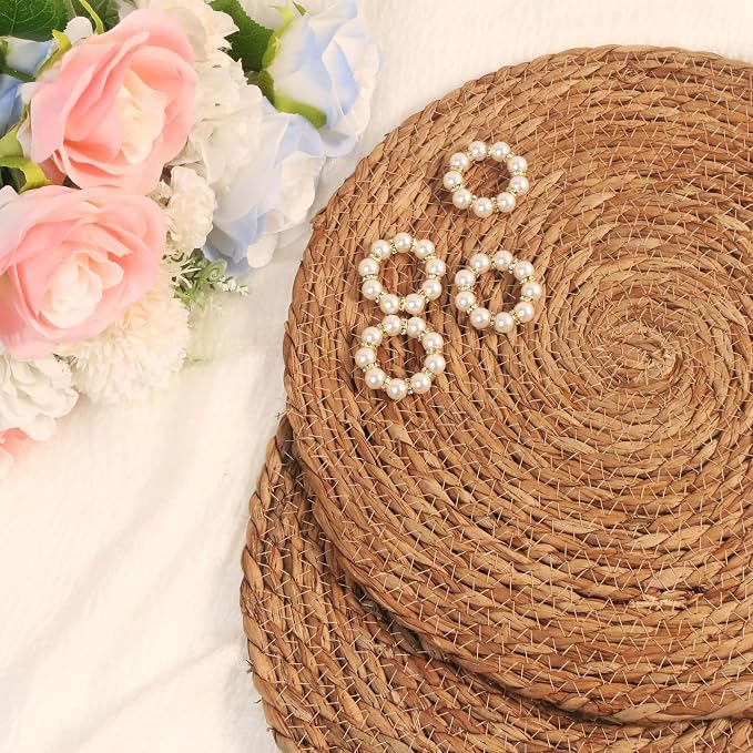 Alijoy 13 Inch Round Woven Placemats Set of 10 with Pearl Napkin Rings - Rattan Chargers for Dinner Plates, Natural Water Hyacinth Wicker Placemats, Rustic Placemat Boho Farmhouse Dining Table Deco