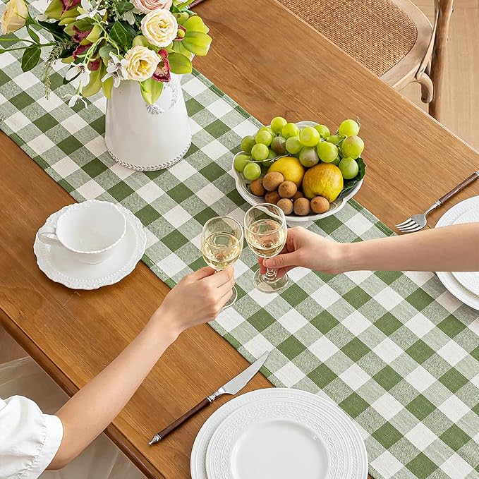 Alsoo Spring Green Gingham Table Runner 13 x 90 inches Long, Cotton Linen Farmhouse Checkered Kitchen Dining Table Decor for Home Party, Wrinkle Free