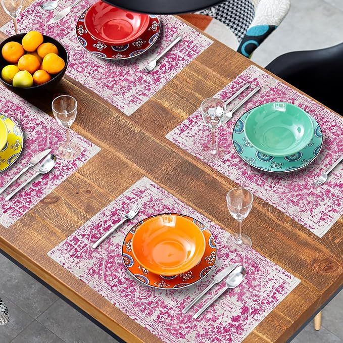 Gray Hot Pink Boho Placemats Set of 4 Ethnic Bohemian Carpet Place Mats Washable Kitchen Dining Vintage Grey Geography Floral Linen Table Mats Stain Heat-Resistant for Home Party Indoor 12x18 in