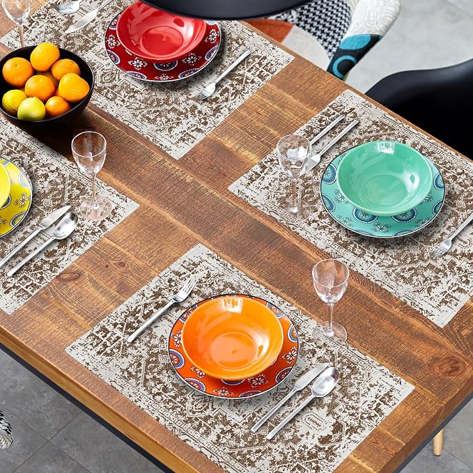 Gray Brown Boho Placemats Set of 6 Ethnic Bohemian Carpet Place Mats Washable Kitchen Dining Vintage Grey Geography Floral Linen Table Mats Stain Heat-Resistant for Home Party Indoor 12x18 in