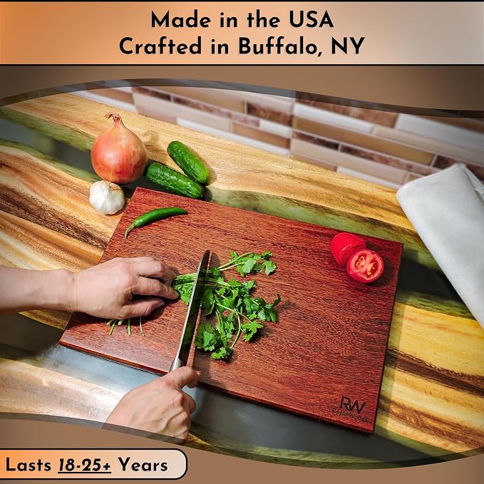 Red Teak Wood Cutting Board, Scratch & Warp Resistant, Premium Hardwood Wooden Cutting Board with Handles & Non-Slip Feet, For Meat, Vegetables & Charcuterie (17x11x0.75)