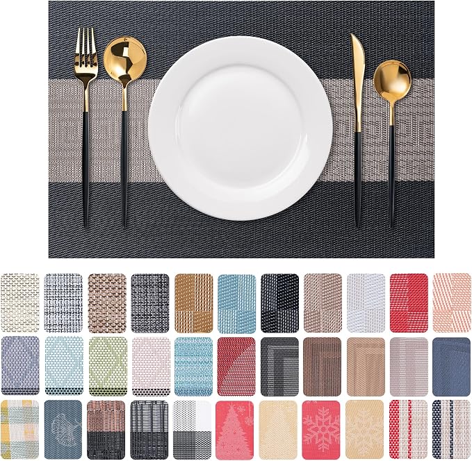 CADONO Placemats Set of 6 Washable Indoor/Outdoor Vinyl Place Mats for Dining Table Durable Non-Slip Heat Resistant PVC Weave Table Mats（Classical Style-Black）
