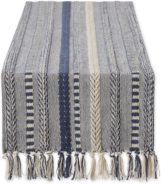 DII Farmhouse Braided Stripe Table Runner Collection, 15x108 (15x113, Fringe Included), French Blue