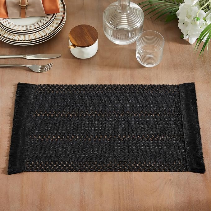 ZeeMart Macrame Style Boho Placemats Set of 6, Black 12x20 Inch | Decorative Farmhouse Table Mats, Natural Cotton Woven Place Mats, Bohemian Home Decor for Kitchen Dining Table