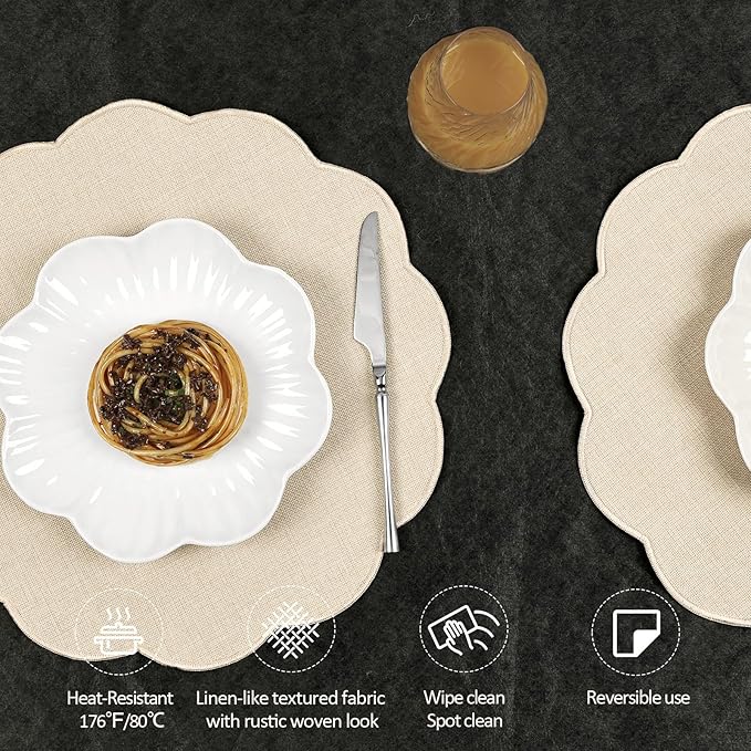 AHHFSMEI Round Faux Linen Placemats Set of 8 Heat Resistant Non-Slip Stain Proof Table Mats for Kitchen Dining Elegant Decor Place Mats (Beige,8)