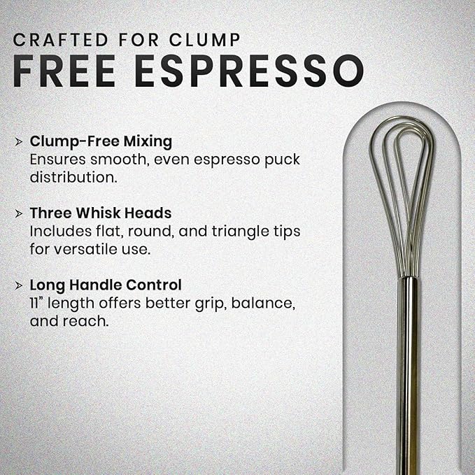 Rattleware 11” Long Handle Stainless Steel Espresso Flat Coffee Whisk – Silver Barista Kitchen Tool for Clump-Free Mixing, Durable Premium Quality for Home, Cafe, or Commercial Coffee Preparation