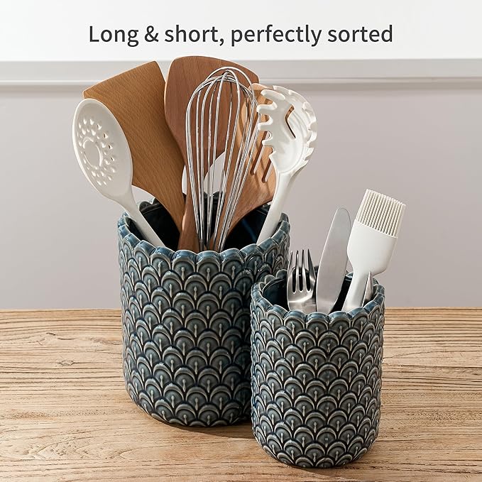 JIEMEI HOME Kitchen Utensil Holder, Large 7.5"+6.2" Petal Ceramic Utensil Crock for Countertop, Utensil Holder with Cork Mat, Morden Utensil Organizer for Spatula, Kitchen Decor, Set of 2- Blue