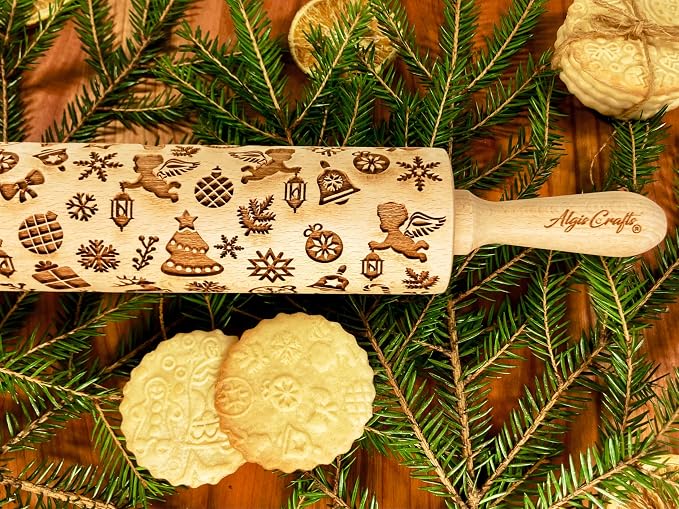 CHRISTMAS GIFTS EMBOSSING ROLLING PIN laser engraved with Christmas symbols CHRISTMAS GINGERBREAD COOKIES