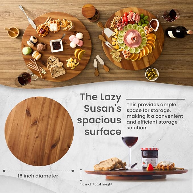 TIDITA 16" Acacia Wood Lazy Susan for Table Top - Wooden Turntable Serving Tray for Charcuterie Boards Cheese Board - Extra Large Round Lazy Susan Organizer - Kitchen Revolution for Countertop