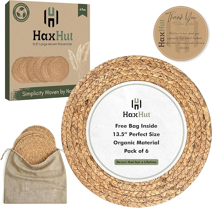 13.5” Woven Placemats, Round Rattan Placemats Set of 6, Natural Wicker Chargers for Dinner Plates, Heat Resistant, Easy to Clean, and Non-Slip – Elegant and Practical Addition to Your Dining Table