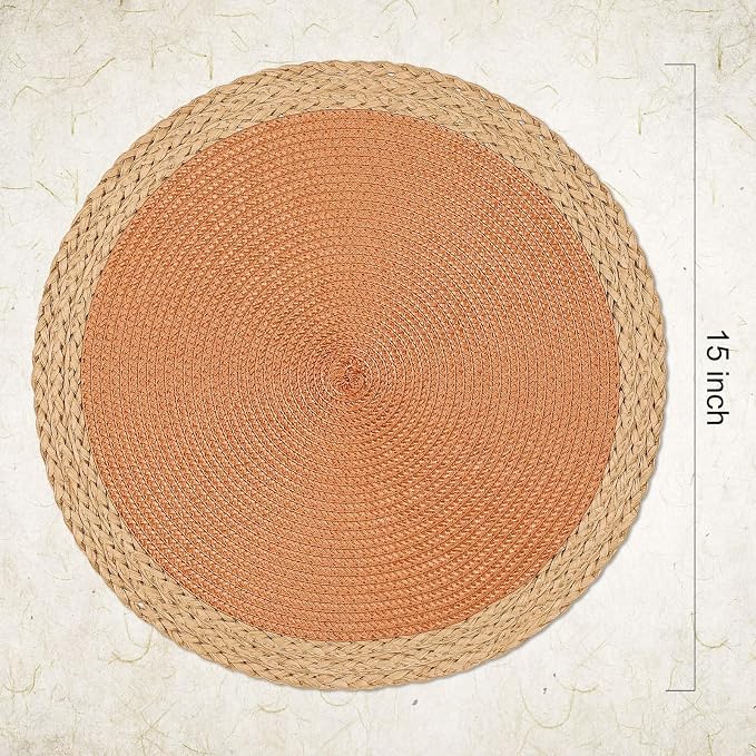Noctiflorous Braided Round Placemats Set of 4, 15 Inch Woven Table Mats, Non-Slip Washable Wide Edge Place Mats for Kitchen Dining Table Decor (Orange, 4)