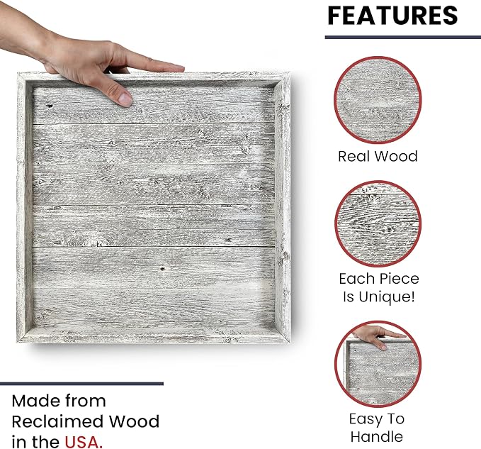 Wooden Ottoman Tray with Felt Pad – Decorative Couch Serving Tray Made with Real Rustic Reclaimed Wood - Perfect for Living Room Ottomans, Sofas, & Coffee Tables -18" x 18"- White Wash