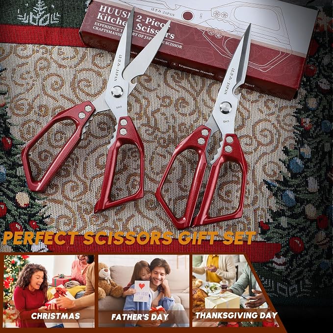 Huusk Kitchen Scissors Set Red - Japanese Kitchen Shears, Heavy Duty Poultry Shears, Sharp Meat Scissors for Food, Chicken Bones, and Turkey, Gifts for Women Men