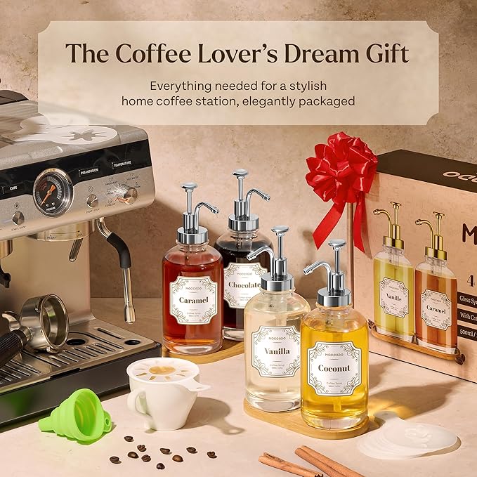 Glass Coffee Syrup Dispenser for Coffee Bar - Set of 2 Silver 500 ml / 16.9 oz Glass Syrup Bottles, Includes Bamboo Tray, 16 Stencils, Labels, Coffee Bar Accessories