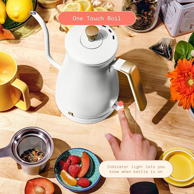 Electric Gooseneck Kettle 1 Liter 1200W Fast Boil with Precision Pour Spout, Stainless Steel Interior, Auto Shut-Off & 360° Swivel Base (White Icing)
