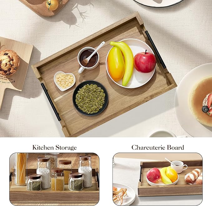 GarveeHome Acacia Serving Tray with Metal Handles, 17 in Wood Serving Tray for Coffee Table Liquor Bar, Coffee Serving Tray Toiletry Platter, Storage Tray for Ottoman Kitchen Bedroom Bathroom