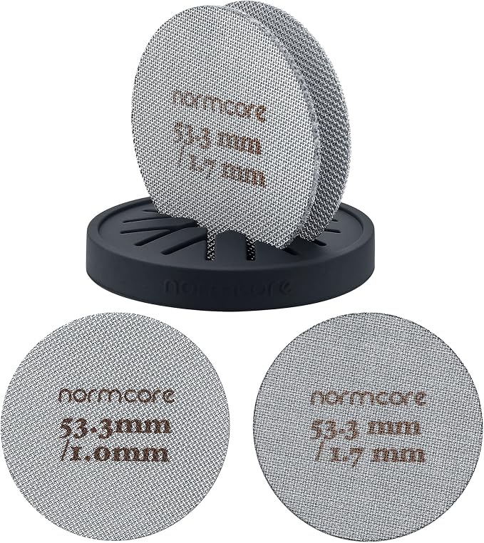 Normcore 2 Packs 53.3mm Puck Screen with Stand - Reusable Contact Shower Screen with Silicone Holder - 1.7mm / 1.0mm Thickness 150μm Mesh - Compatible with Espresso Machine 54mm Portafilter Basket