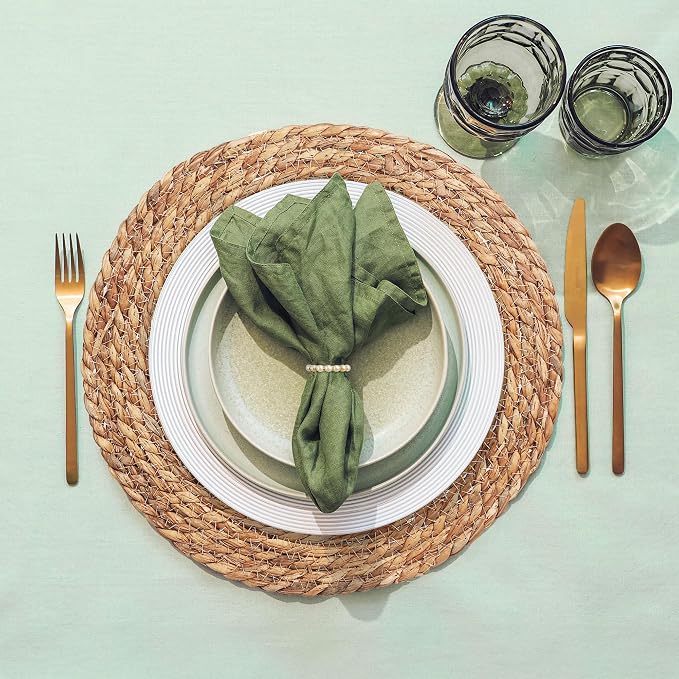 Alijoy 13 Inch Round Woven Placemats Set of 10 with Pearl Napkin Rings - Rattan Chargers for Dinner Plates, Natural Water Hyacinth Wicker Placemats, Rustic Placemat Boho Farmhouse Dining Table Deco
