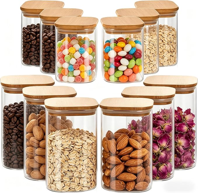 12-Pack Glass Storage Jars with Bamboo Lids, 6×1.6QT Large & 6×0.7QT Small Airtight Glass Canisters Set, Square Glass Food Containers for Coffee Beans, Oats, Nuts, Candy, Pantry Organization