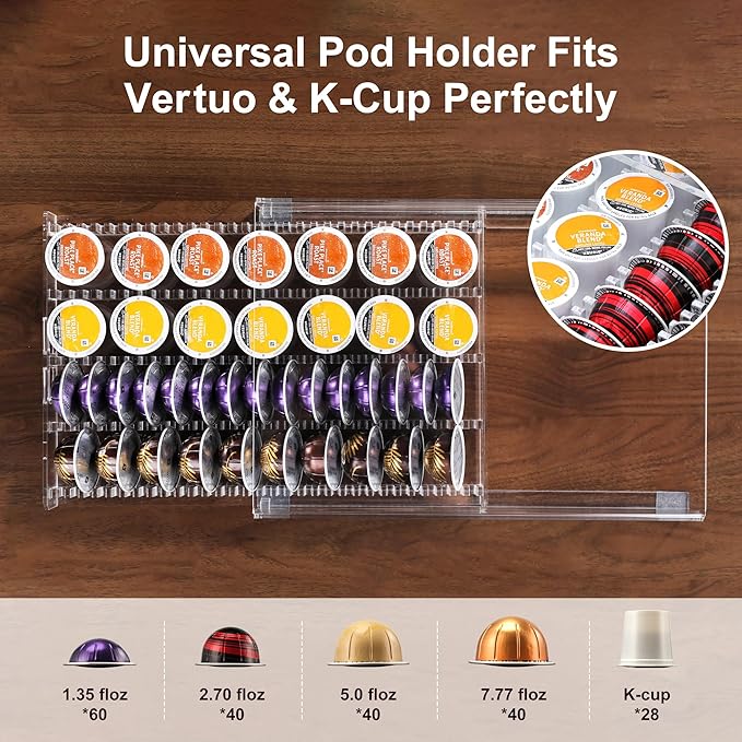 BLACKSMITH FAMILY Coffee Pod Drawer Organizer for Nespresso Vertuo Pods,Acrylic Coffee Pod Holder Holds 40 Large or 60 Small Capsules,Pull-Out Drawer with Anti-Slip Base for Countertop（Crystal-Clear)