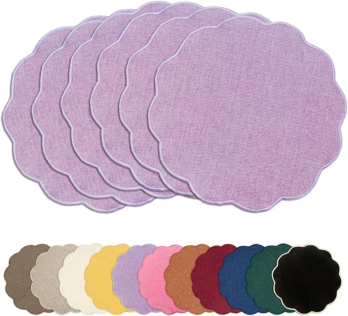 AHHFSMEI Round Faux Linen Placemats Set of 6 Heat Resistant Non-Slip Stain Proof Table Mats for Kitchen Dining Elegant Decor Place Mats (6, Purple)