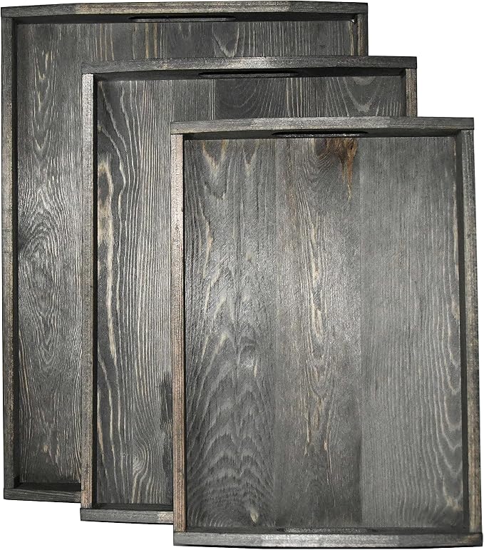Owlgift Vintage Grey Wood Serving Trays with Brass Metal Wrap Accents, Set of 3