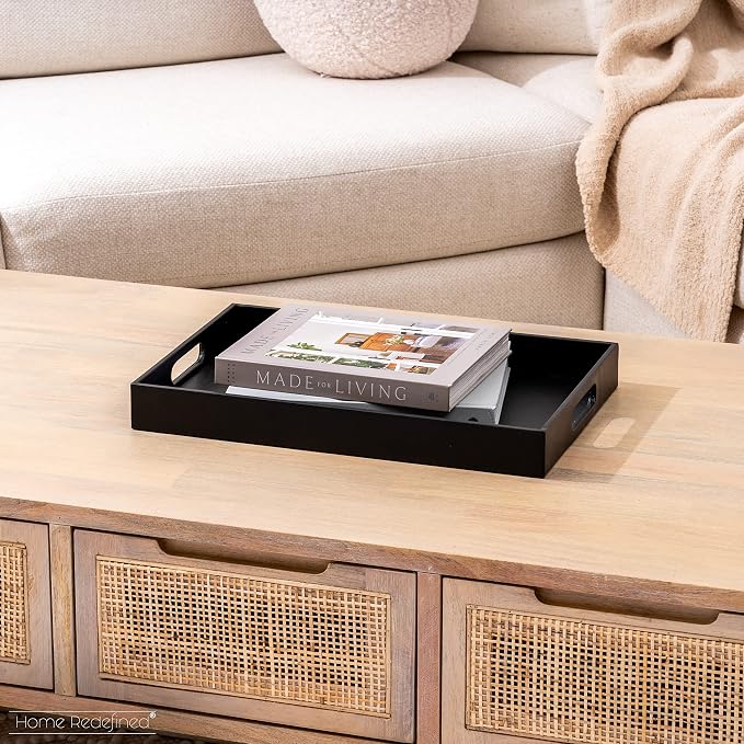 Home Redefined Beautiful Modern Elegant 17.5"x12" Rectangle Classic Black Faux Leather Decorative Tray Ottoman Coffee Table Perfume Living Room Kitchen Serving Tray with Handles for All Occasion's
