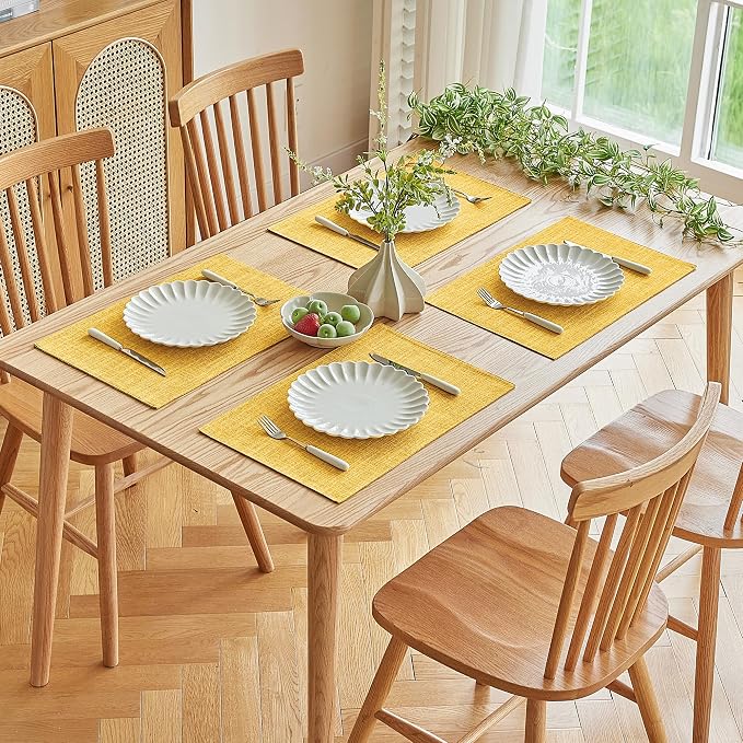 Softalker Faux Linen Placemats Set of 4-12 x 18 Inch, Heat Resistant Double Layered Durable Burlap Farmhouse Place Mats, Non-Slip Washable Rustic Table Mats for Dining, Kitchen, Party（Yellow