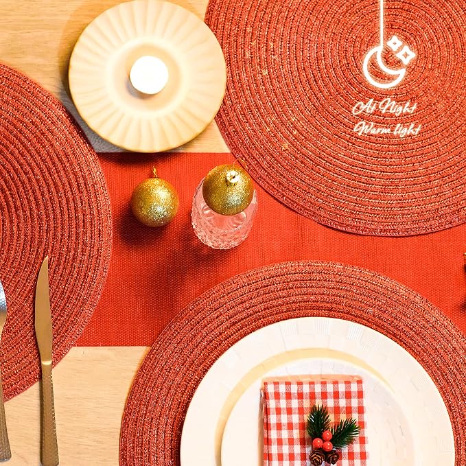 AHHFSMEI Round Placemats Set of 6 Heat Resistant Washable Non-Slip Woven Braided Table Mats for Dining Table Kitchen & Home Decor (Red Shine)