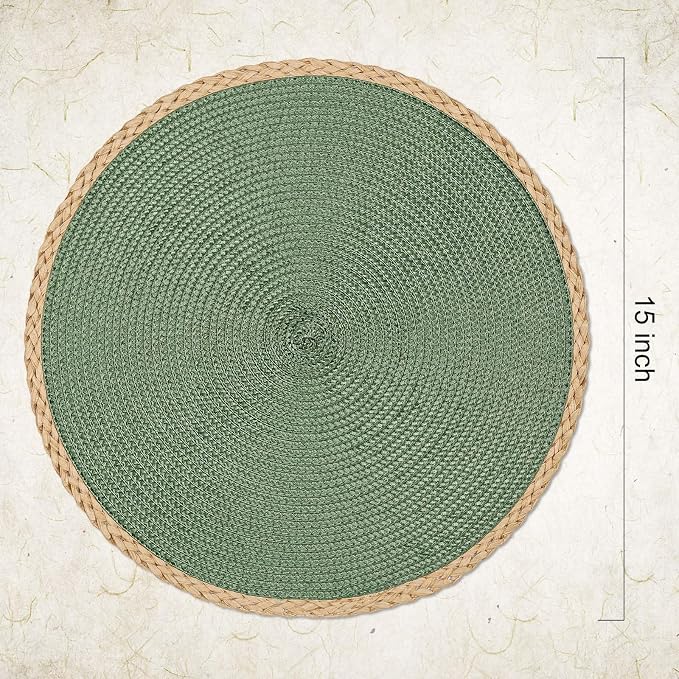 Noctiflorous Braided Round Placemats Set of 6, 15 Inch Woven Table Mats, Non-Slip Washable Thin Edge Place Mats for Kitchen Dining Table Decor (Green, 6)