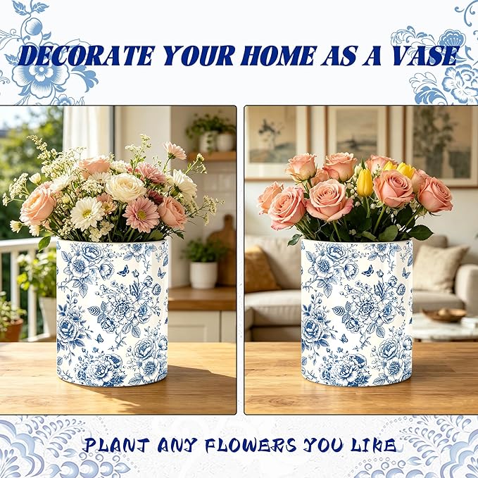Chinoiserie Floral Utensil Holder, Ceramic Kitchen Utensil Holder, Utensil Crock for Home Kitchen Countertop Storage Organizer Container, Large Holder for Spatulas, Spoons, Kitchen Counter Decor, 6"