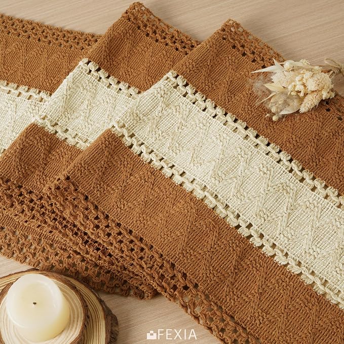 FEXIA Boho Table Runner for Home Decor with Tassels 72 Inches Long Farmhouse Rustic Caramel Table Runner Macrame Burlap Table Decoration for Living Room Bridal Shower (12x72 Inches)