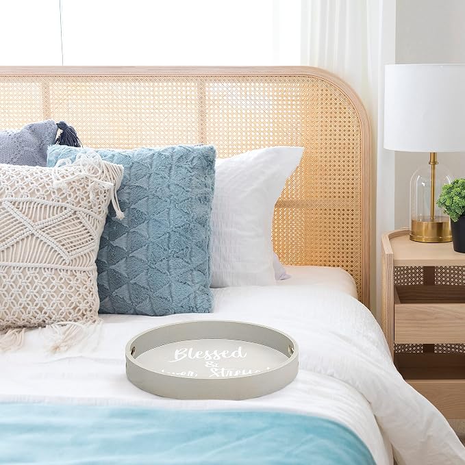 Elegant Designs HG2013-GYS Decorative 13.75'' Round Wood Serving Tray w/Handles, Blessed & Never Stressed, Gray