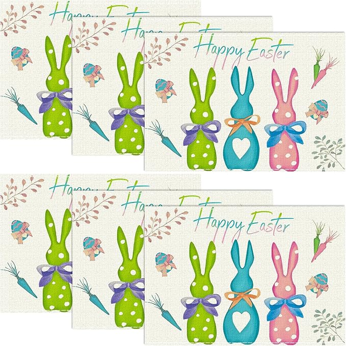 Niviy Green Blue Pink Rabbit Bunny Easter Placemats Set of 6, 12x18 Inch Spring Jesus Easter Table Mats for Holiday Party Kitchen Dining Room Decoration