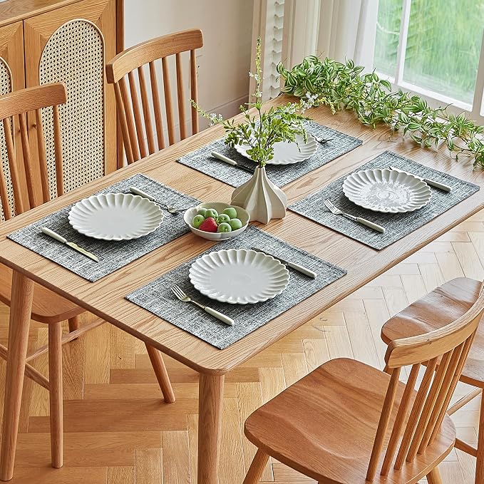 Softalker Faux Linen Placemats Set of 6-12 x 18 Inch, Heat Resistant Double Layered Durable Burlap Farmhouse Place Mats, Non-Slip Washable Rustic Table Mats for Dining, Kitchen, Party（Ash Grey