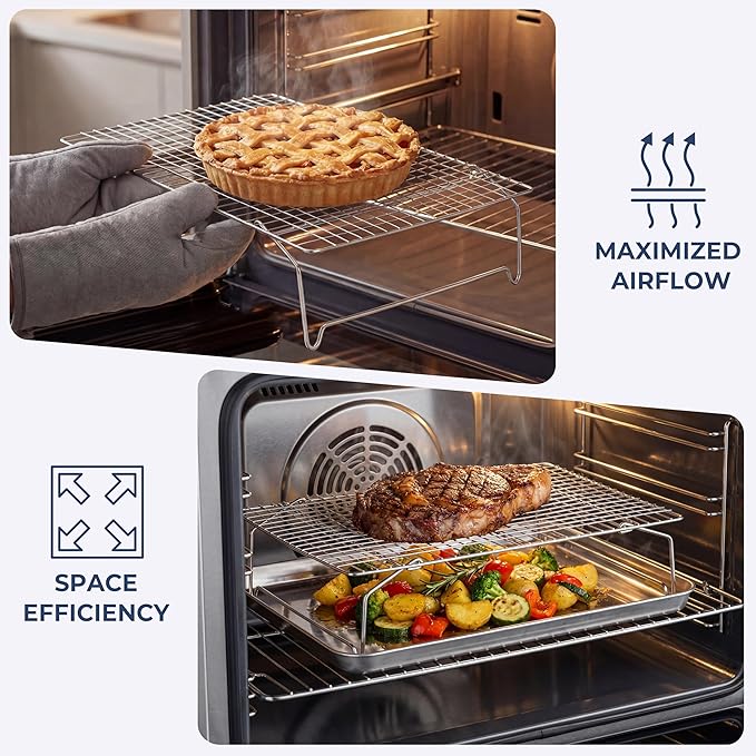 E-far 3-Tier Collapsible Cooling Rack for Cooking and Baking - 15”x10” Stackable Tight-Wire Stainless Steel Cookie Rack for Baking Sheet, Oven, Roasting, Dishwasher Safe & Space Saving
