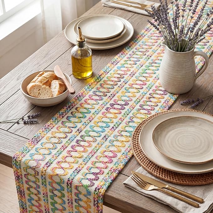 Artoid Mode Colorful Farmhouse Woven Rustic Hollow Spring Table Runner, Seasonal Summer Pride Month Holiday Kitchen Dining Table Decoration for Home Party Decor 12x60 Inch
