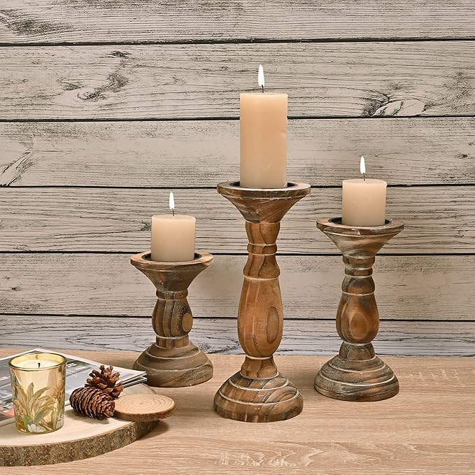Yorkmills Pillar Candle Holder Set of 3, Farmhouse Decor Living Room Tall Candle Holders for Pillar Candles, Wood Candle Holders for Table Centerpieces Brown Home Decor Kitchen Dining Room Table Decor