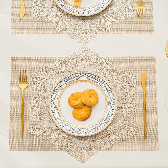 BACKTOEDEN Placemats Set of 6 Heat Resistant Washable Wipeable Placemats Woven Non-Slip Foldable Vinyl/Plastic Placemat Indoor/Outdoor Place Mats Kitchen Dining Table Mats, Gold Snowflake & Beige