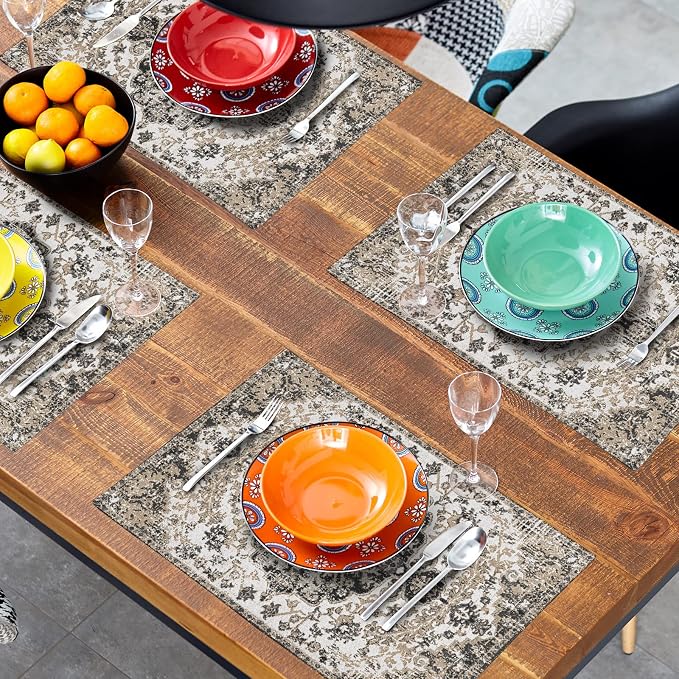 Ethnic Boho Placemats Set of 4 Bohemian Carpet Vintage Gray Floral Linen Washable Kitchen Dining Southwestern Table Mats Stain Heat-Resistant Desktop Decor Place Mats for Home Party Indoor 12x18 in