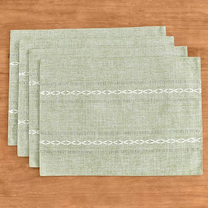 Wracra Cotton Linen Placemats, 12 x 18 Inch Set of 8 Placemats Rustic Hemstitch Place Mats for Kitchen Table and Heat Resistant-Hemstitch Sage Green