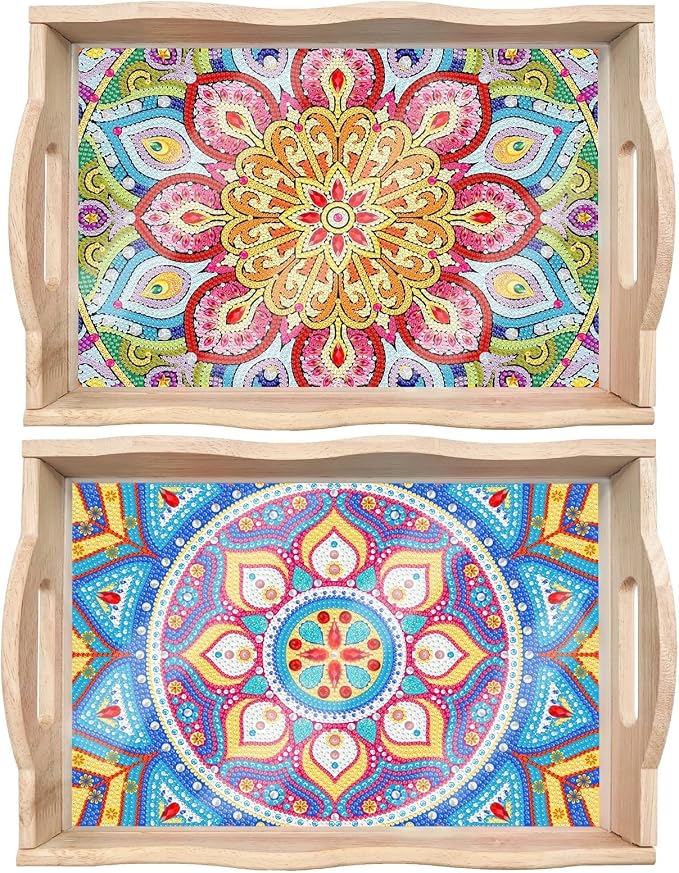 Generic 2Pcs DIY Diamond Serving Tray Rectangular Upgrade Increase Breakfast Tray with Handles Handmade Diamond Art Painting Wooden Tray Dinner Plate for Coffee Living Room Home Organizer-01