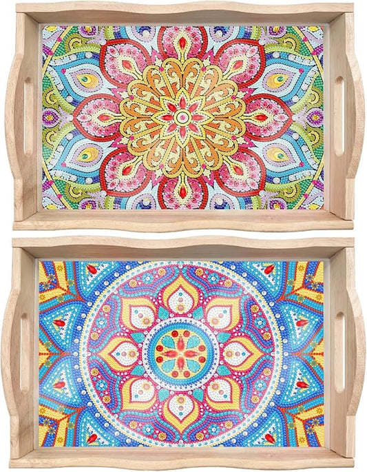 Generic 2Pcs DIY Diamond Serving Tray Rectangular Upgrade Increase Breakfast Tray with Handles Handmade Diamond Art Painting Wooden Tray Dinner Plate for Coffee Living Room Home Organizer-01