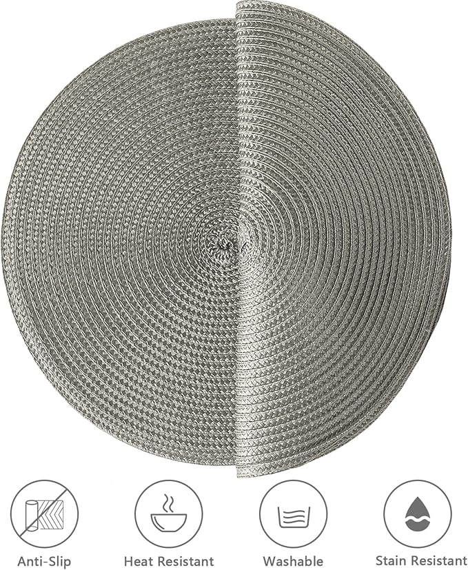 Round Placemats for Dining Table Set of 6,12.6 Inch Small Circle Place Mats Washable Heat Resistant Table Mats Gray 32CM